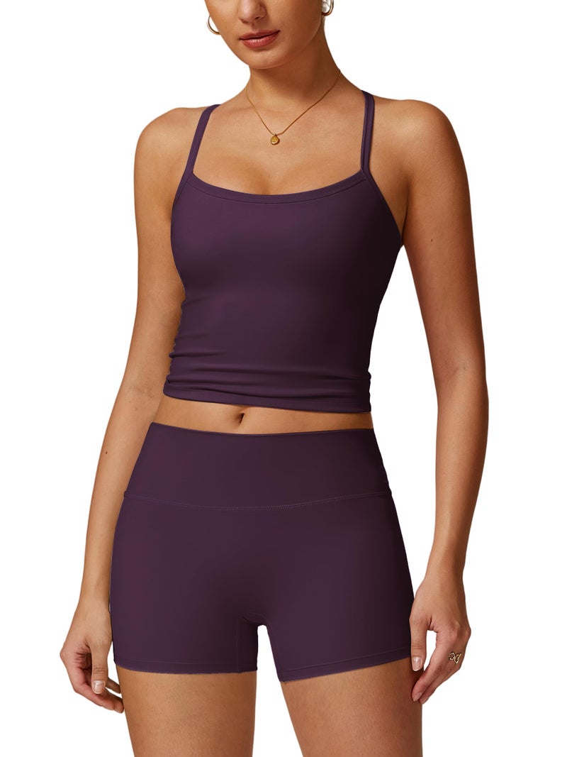 ABOCIW Womens Workout Sets 2 Piece Yoga Pilates Outfits Tank Top Matching High Waist Booty Lifting Shorts Gym Sets Woman Athletic Activewear Plum S - Image 1