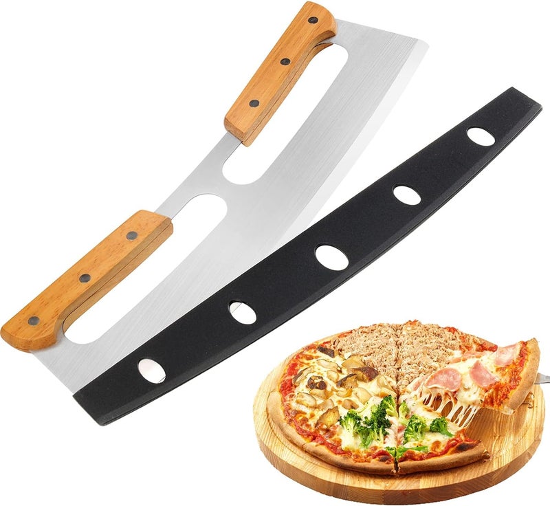 SONIQE Pizza Cutter Rocker with Wooden Handles Protective Cover 14 Sharp Stainless Steel Pizza Slicer Wheel Big Pizza Knife Cutters for Kitchen Tool 14inch - Image 1