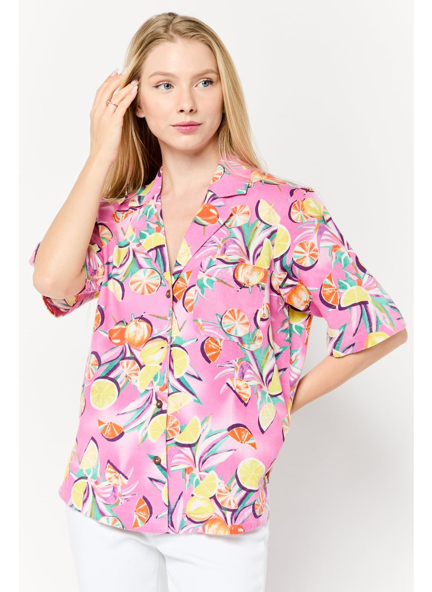 Scotch & Soda Women Noched Collar Short Sleeve Allover Print Shirt, Multicolor  - Image 1