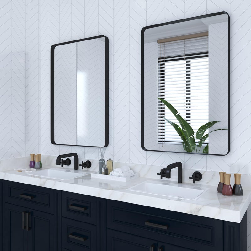 VocalStar 2Pack Black Bathroom Mirrors 24 x 36 Inch Metal Framed Rounded Rectangle Bathroom Wall Vanity Mirror for Over Sink 14inch Shatterproof Glass  UltraFlush Hanging