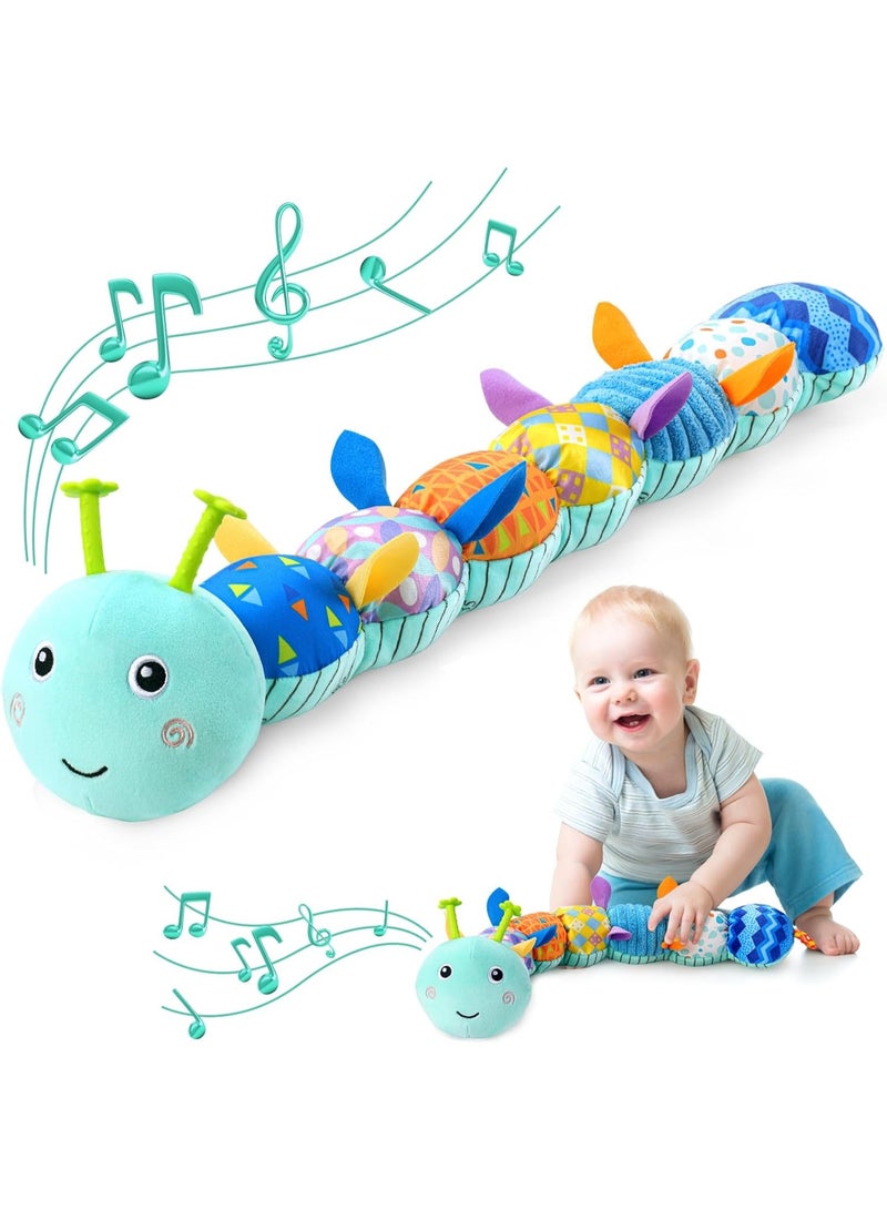 Bukela Baby Toys 0 to 12 Months, Musical Stuffed Animal Activity Soft Toy with Multi-Sensory Crinkle, Rattle and Textures, Infant Tummy Time Toys for Newborn Boys Girls, Caterpillar, Blue - Image 1