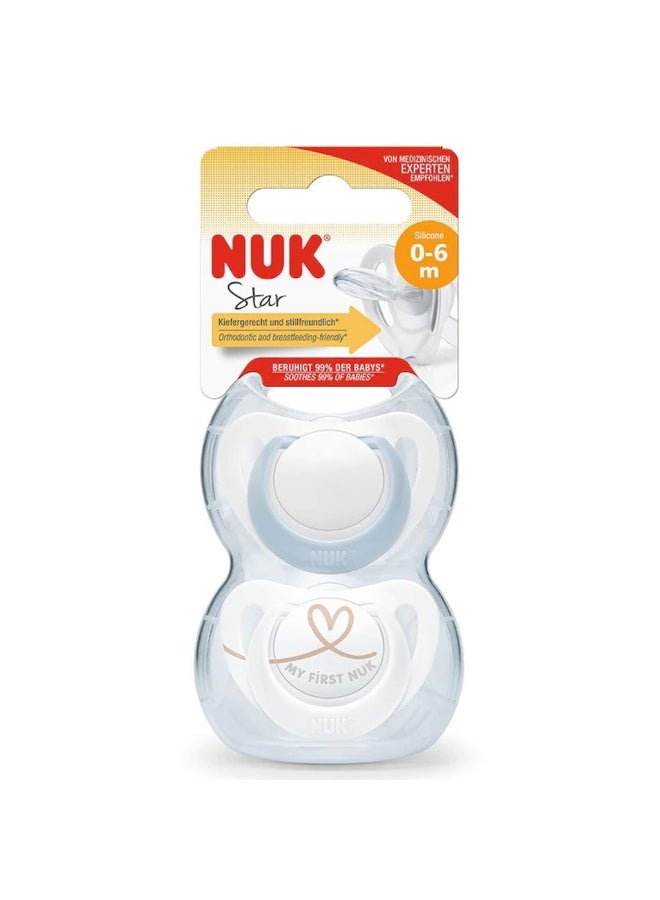 NUK Star Silicone Soother For 0-6 Months Baby, Assorted Pack of 2's