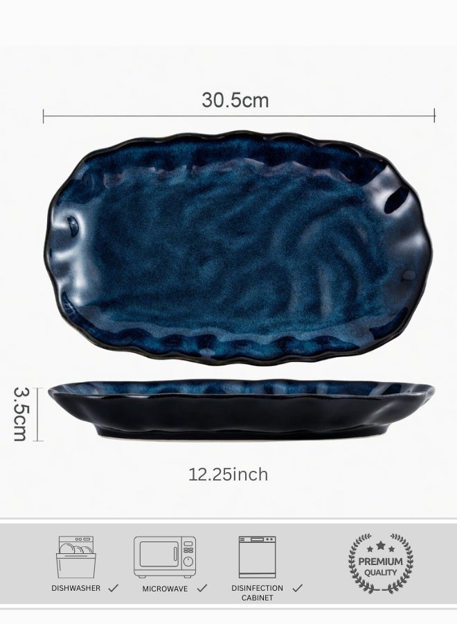 Clink Japanese Style Large Ceramic Dinner Plate, Premium Oval Porcelain Plate 12.25 inch, Blue Glaze Oval Plate Handcrafted Fish Plate, Pasta Plate, Perfect for Fish, Meat, Pasta, Salad, Fruits, Main Courses - Image 1