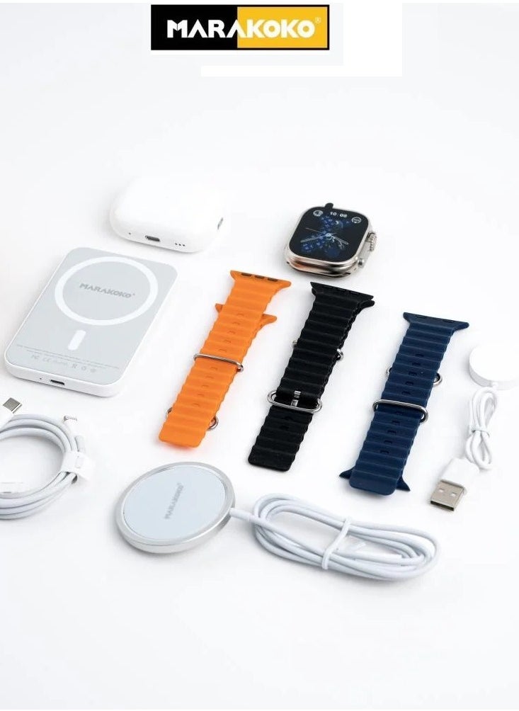 Marakoko - Markoko Ultra Watch Package with Three Straps + 5000mAh MagSafe Wireless Power Bank + Airbuds Pro earphones + 15W MagSafe Wireless Mobile Charger + iPhone Charging Cable (Type C to Lightning). - Image 1