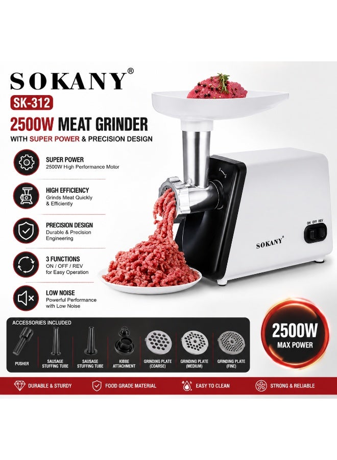 سوكاني مفرمة لحم سوكاني SK-312 بقوة 2500 واط مع تصميم فائق القوة والدقة - فضي - Image 2
