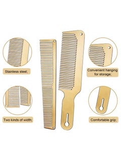 Patelai 2 Pieces Metal Comb Set Metal Barber Comb Stainless Steel Blending Comb Fine Styling Cutting Comb Flat Top Clipper Comb Metal Detangling Comb For Men Women Salon 2 Styles (Gold)  - Image 4