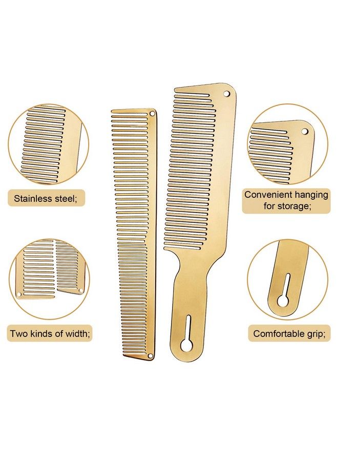 Patelai 2 Pieces Metal Comb Set Metal Barber Comb Stainless Steel Blending Comb Fine Styling Cutting Comb Flat Top Clipper Comb Metal Detangling Comb For Men Women Salon 2 Styles (Gold) - Image 4