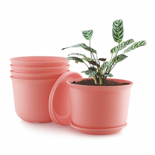 INKULTURE 10 Inch Plastic Round Flower Pots with Tray for Home Planters, Terrace, Garden Etc | Pack of 05 | Pink | for Home Indoor & Outdoor Gardening Plants - Image 1