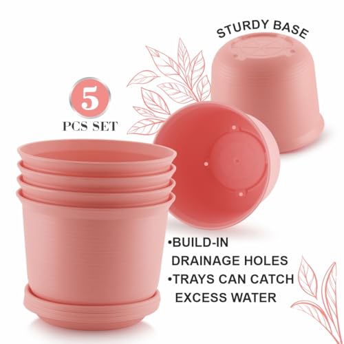 INKULTURE 10 Inch Plastic Round Flower Pots with Tray for Home Planters, Terrace, Garden Etc | Pack of 05 | Pink | for Home Indoor & Outdoor Gardening Plants - Image 2