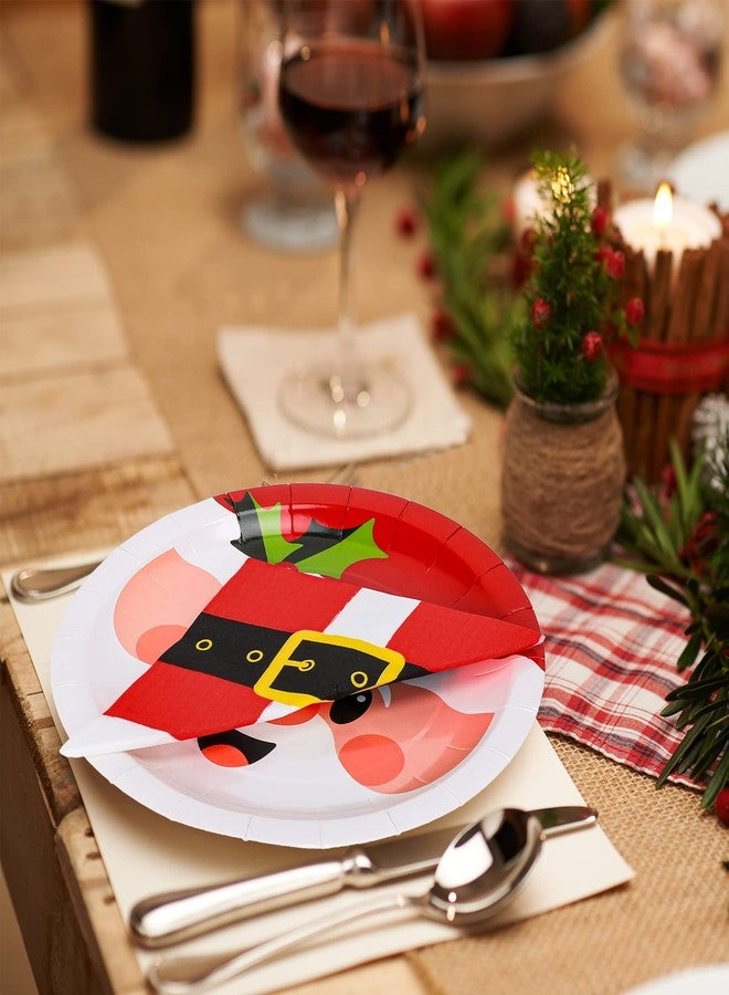 Whaline 90Pcs Christmas Party Supplies Set 9In Santa Claus Pattern Paper Plates and 6.5 In Santa Belts Printed Paper Napkins Cute Christmas Disposable Tableware for 40 Guests Xmas Holiday Dinner - Image 5