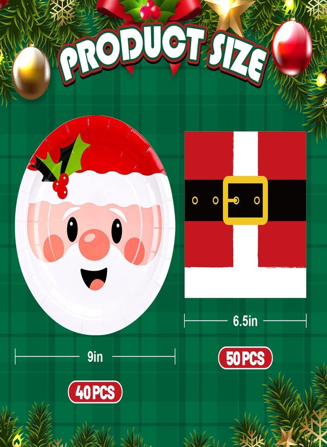 Whaline 90Pcs Christmas Party Supplies Set 9In Santa Claus Pattern Paper Plates and 6.5 In Santa Belts Printed Paper Napkins Cute Christmas Disposable Tableware for 40 Guests Xmas Holiday Dinner - Image 2