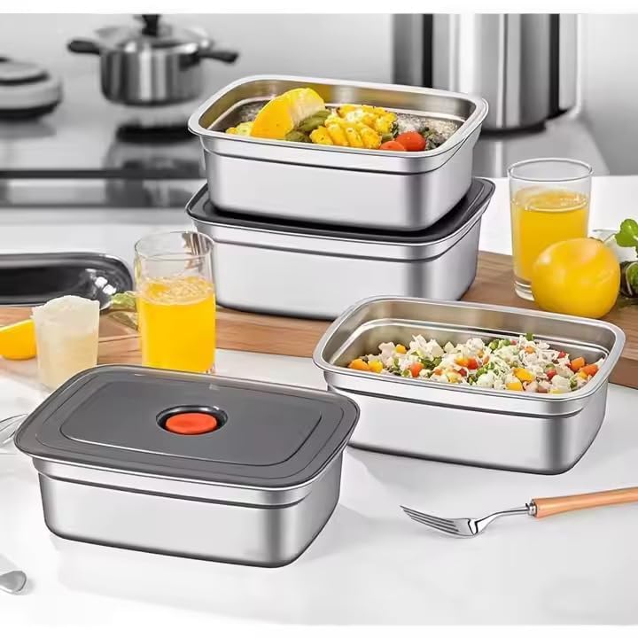 SOLIGT Fridge Storage Box 316 Stainless Steel Food Storage Containers | Food Grade, Leakproof Kitchen Organizer | Microwavable & Freezer Safe, Silver With Lid (4 Pcs 1000 Ml) - Image 3