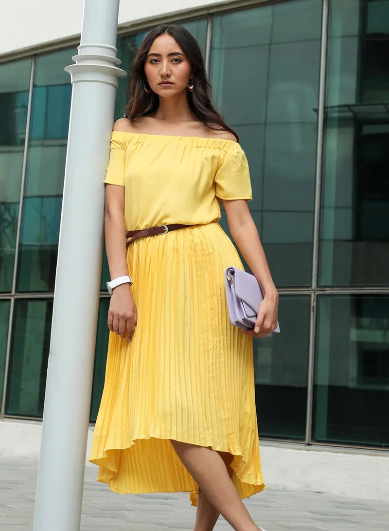 PINACOLADA Women's Lemon Yellow Pleated Midi Dress