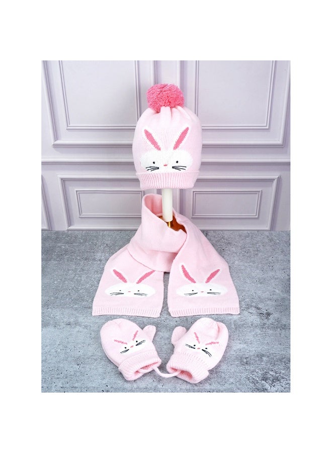 LITTLE SURPRISE BOX 3Pcs Pink Bunny Rabbit Matching Beanie Winter Cap Mufflers And Gloves Set  - Image 2