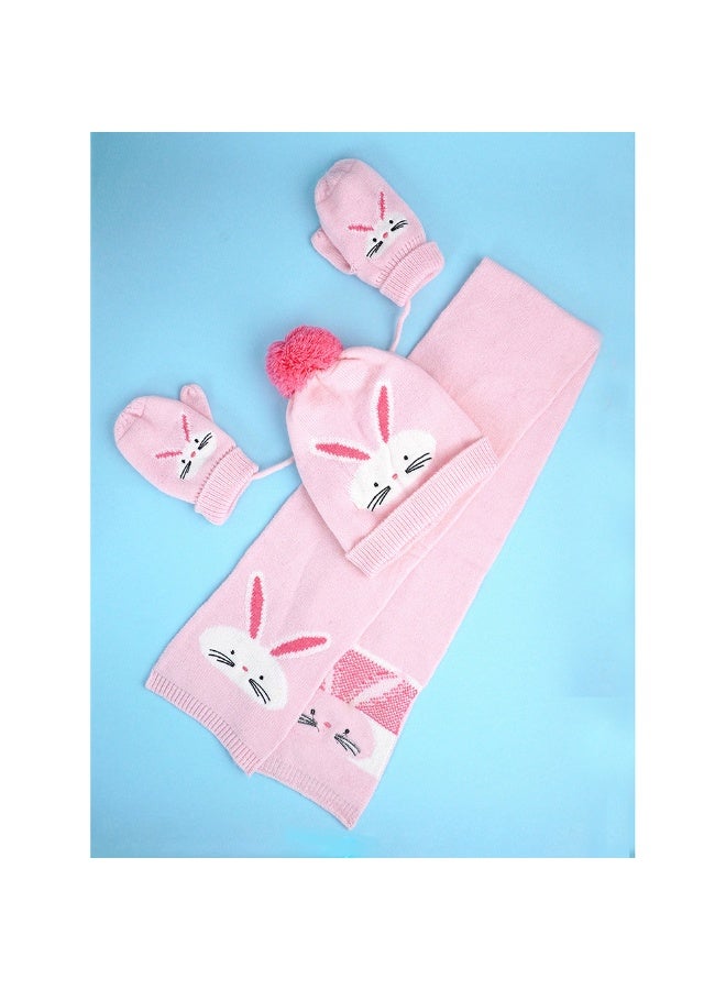 LITTLE SURPRISE BOX 3Pcs Pink Bunny Rabbit Matching Beanie Winter Cap Mufflers And Gloves Set  - Image 4