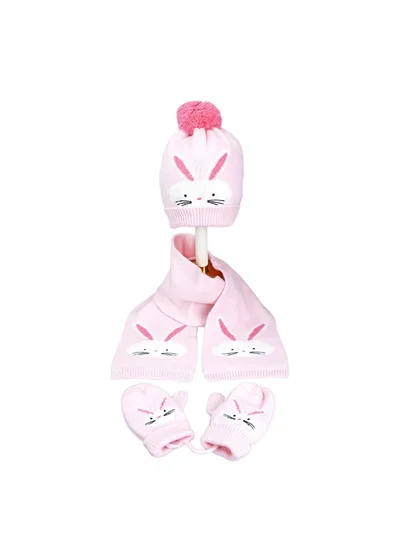 LITTLE SURPRISE BOX 3Pcs Pink Bunny Rabbit Matching Beanie Winter Cap Mufflers And Gloves Set