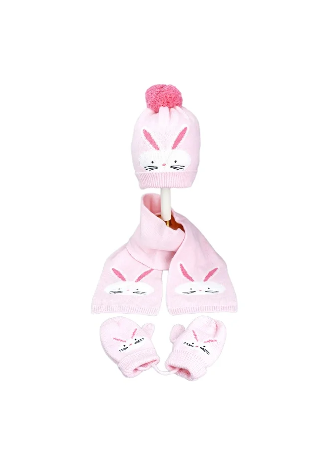 LITTLE SURPRISE BOX 3Pcs Pink Bunny Rabbit Matching Beanie Winter Cap Mufflers And Gloves Set