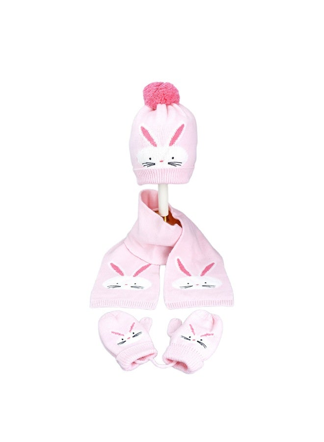 LITTLE SURPRISE BOX 3Pcs Pink Bunny Rabbit Matching Beanie Winter Cap Mufflers And Gloves Set  - Image 1