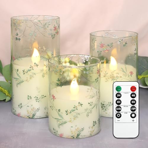 FLAVCHARM Glass Flameless Candles Flickering Battery Operated LED Pillar Candles Set of 3 with Timer and and 10Key Remote Green Branch Floral Spring Summer Theme for Wedding Festival Home Decoration - Image 1