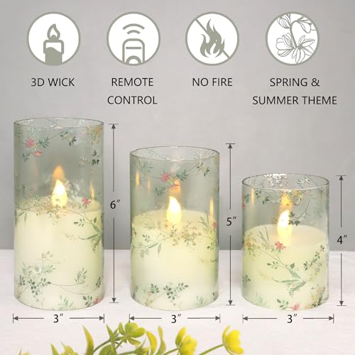 FLAVCHARM Glass Flameless Candles Flickering Battery Operated LED Pillar Candles Set of 3 with Timer and and 10Key Remote Green Branch Floral Spring Summer Theme for Wedding Festival Home Decoration - Image 3