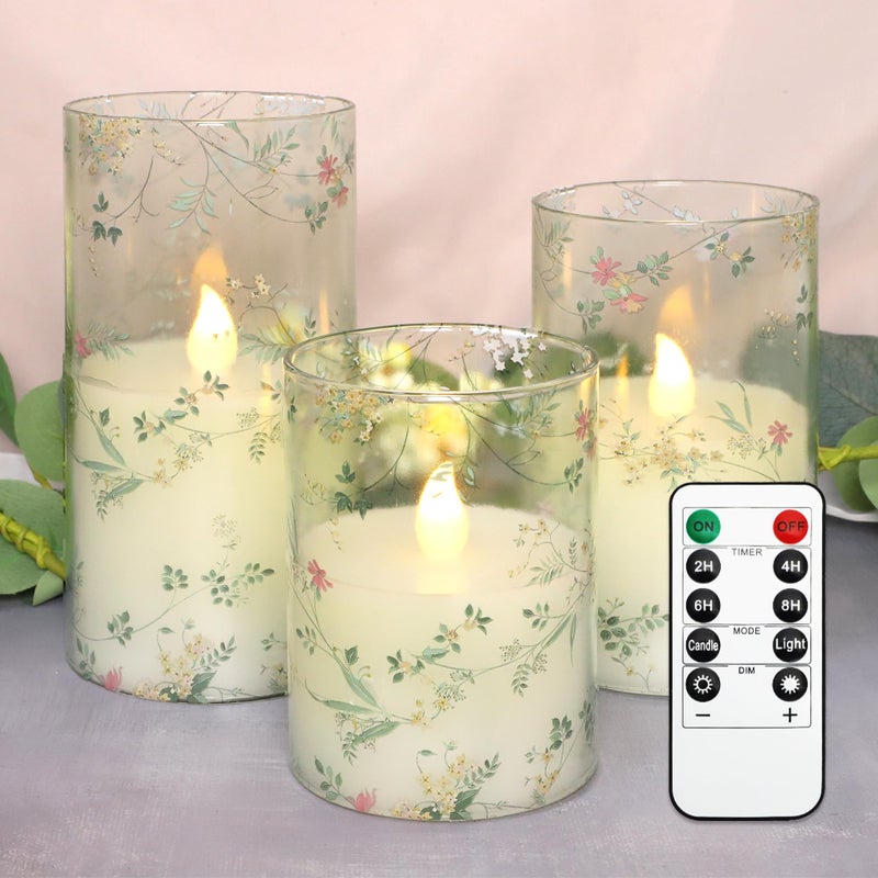 FLAVCHARM Glass Flameless Candles Flickering Battery Operated LED Pillar Candles Set of 3 with Timer and and 10Key Remote Green Branch Floral Spring Summer Theme for Wedding Festival Home Decoration - Image 2