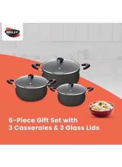 NIRLEP NIRLEP Sakhi 6 Pieces Gift Set with 3 Casseroles Set with 3 Glass Lid| Induction Cookware Set| 5-Layer PFOA Free Coating| Non Stick Cookware Set | Black  - Image 5