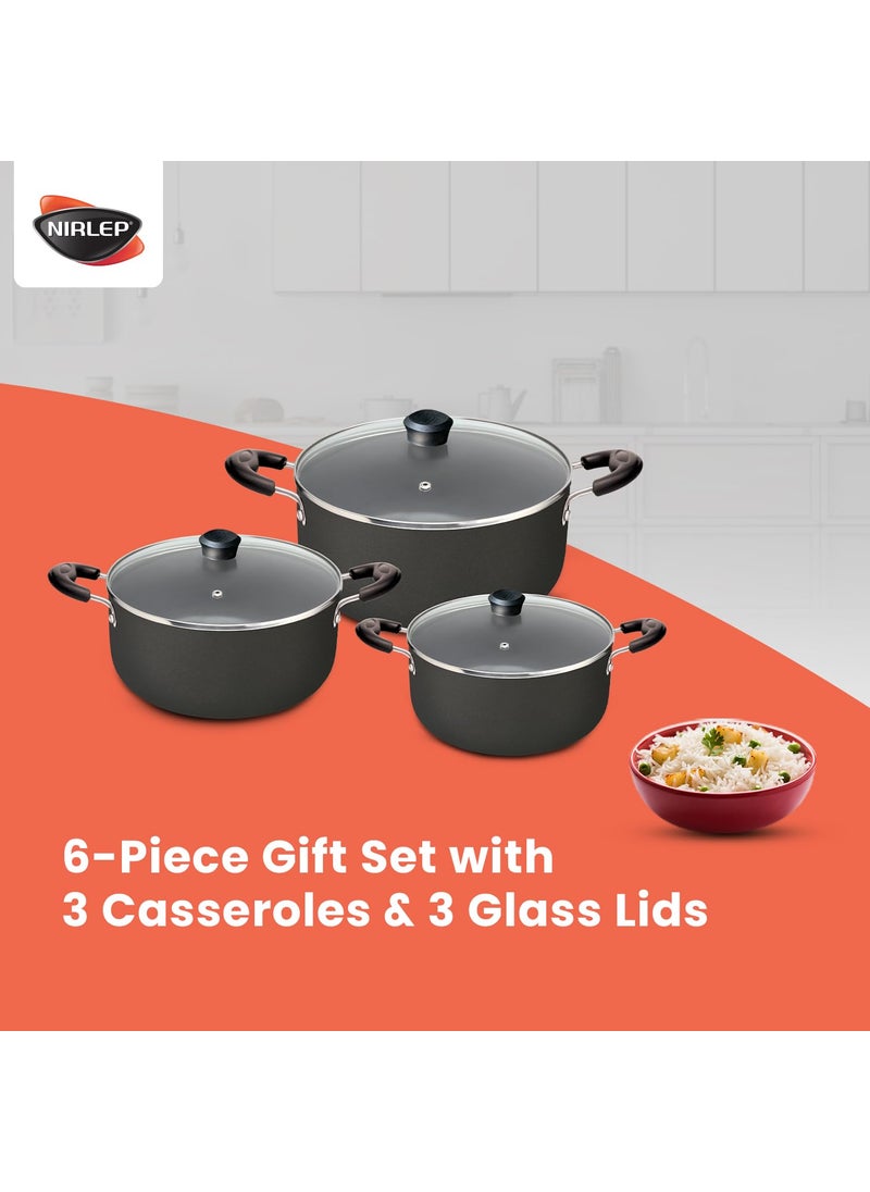 NIRLEP - NIRLEP Sakhi 6 Pieces Gift Set with 3 Casseroles Set with 3 Glass Lid| Induction Cookware Set| 5-Layer PFOA Free Coating| Non Stick Cookware Set | Black - Image 1