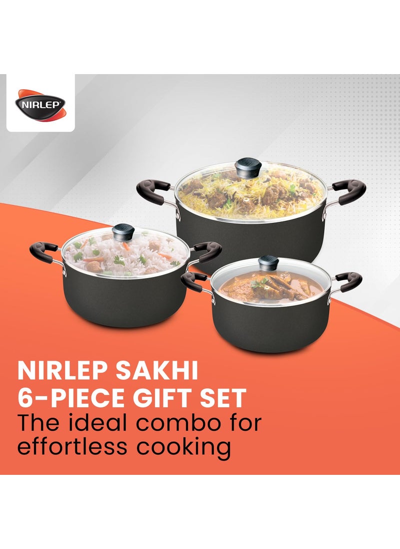 NIRLEP - NIRLEP Sakhi 6 Pieces Gift Set with 3 Casseroles Set with 3 Glass Lid| Induction Cookware Set| 5-Layer PFOA Free Coating| Non Stick Cookware Set | Black - Image 1