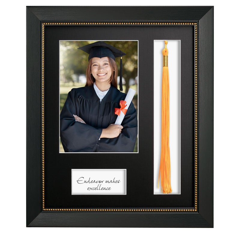إطار GiftMust Graduate مع حامل شرابة، وحصيرة ورقية سوداء بنقشة الكتان، لعرض صورة مقاس 5x7 أو 9x11، وإطار أسود مزين بخرز ذهبي بارز. - Image 1
