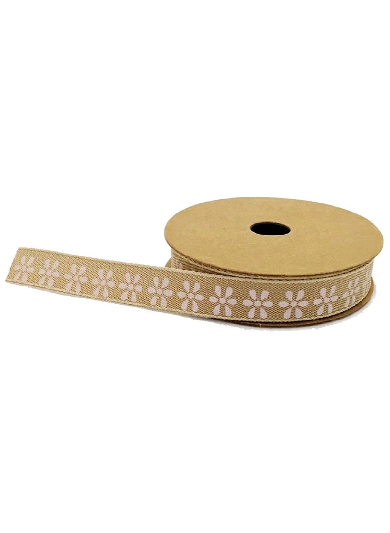 Salla Burlap Ribbon Beige with Pink Flower Print 5M Roll - Image 1