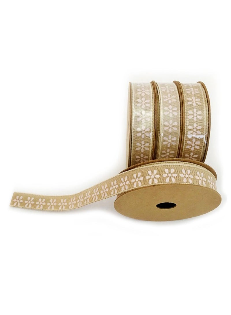 Salla Burlap Ribbon Beige with Pink Flower Print 5M Roll - Image 2