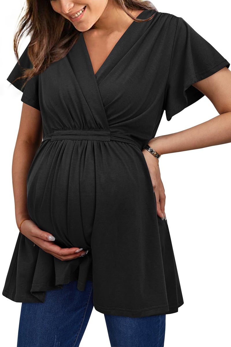 OUGES 2025 Womens Maternity Nursing Tops/Shirts Short Sleeve Wrap V Neck Tie Back Pleat Peplum Maternity Clothes/Tunic Casual Pregnancy Blouse(Black,M) - Image 1