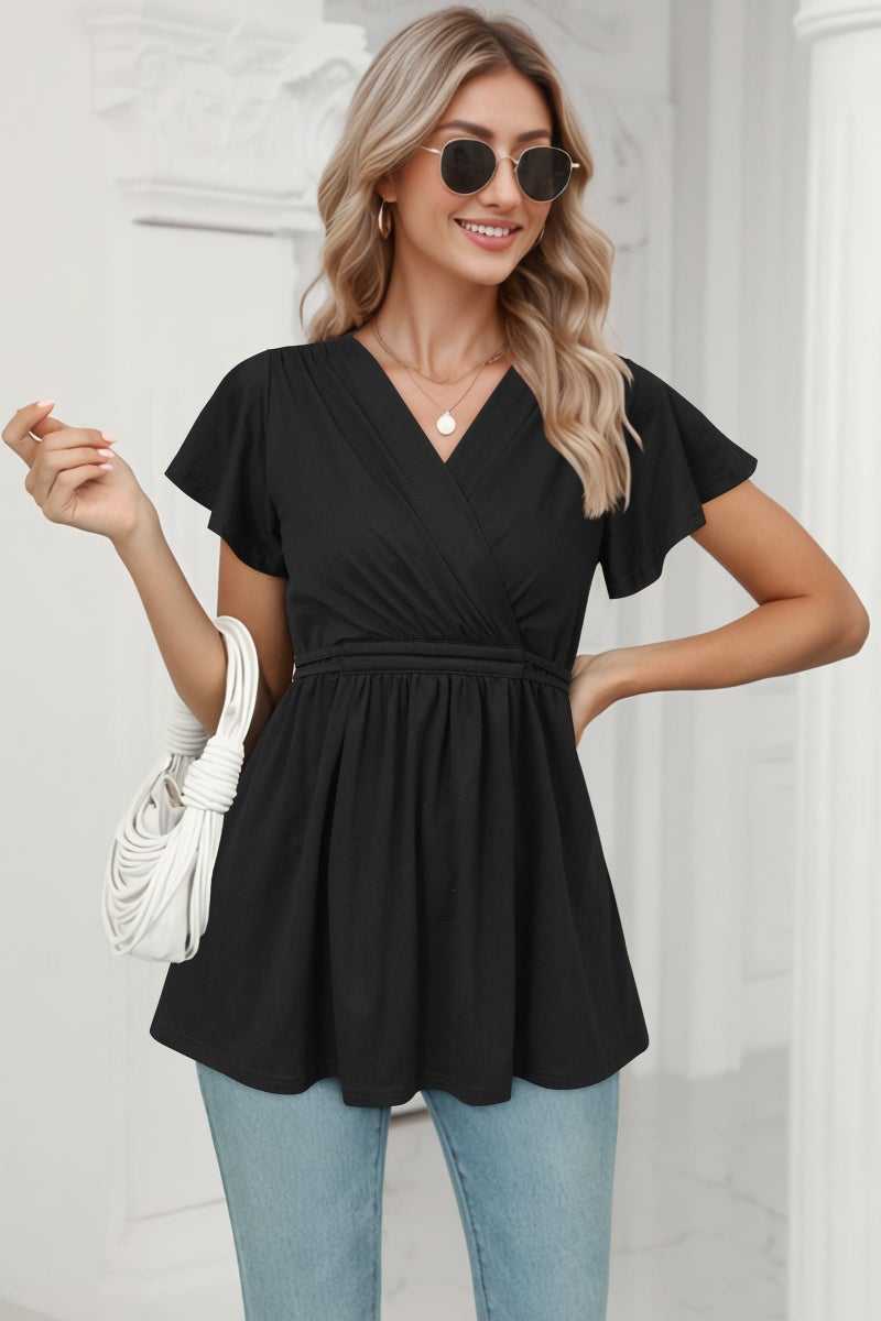 OUGES 2025 Womens Maternity Nursing Tops/Shirts Short Sleeve Wrap V Neck Tie Back Pleat Peplum Maternity Clothes/Tunic Casual Pregnancy Blouse(Black,M) - Image 3
