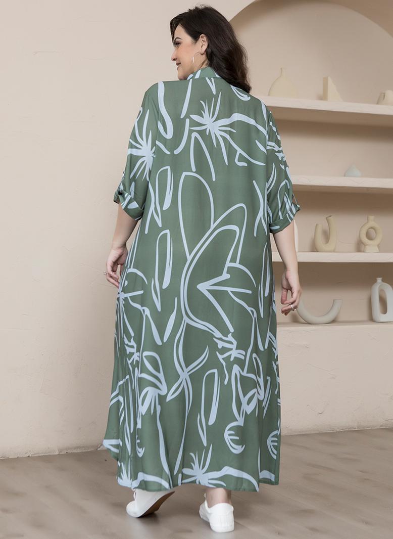 فرايديين لطيف طوق متقلب تباين اللون طباعة ازرار حجحر الراين كم القميص فساتين حجم إضافي اخضر - Image 2
