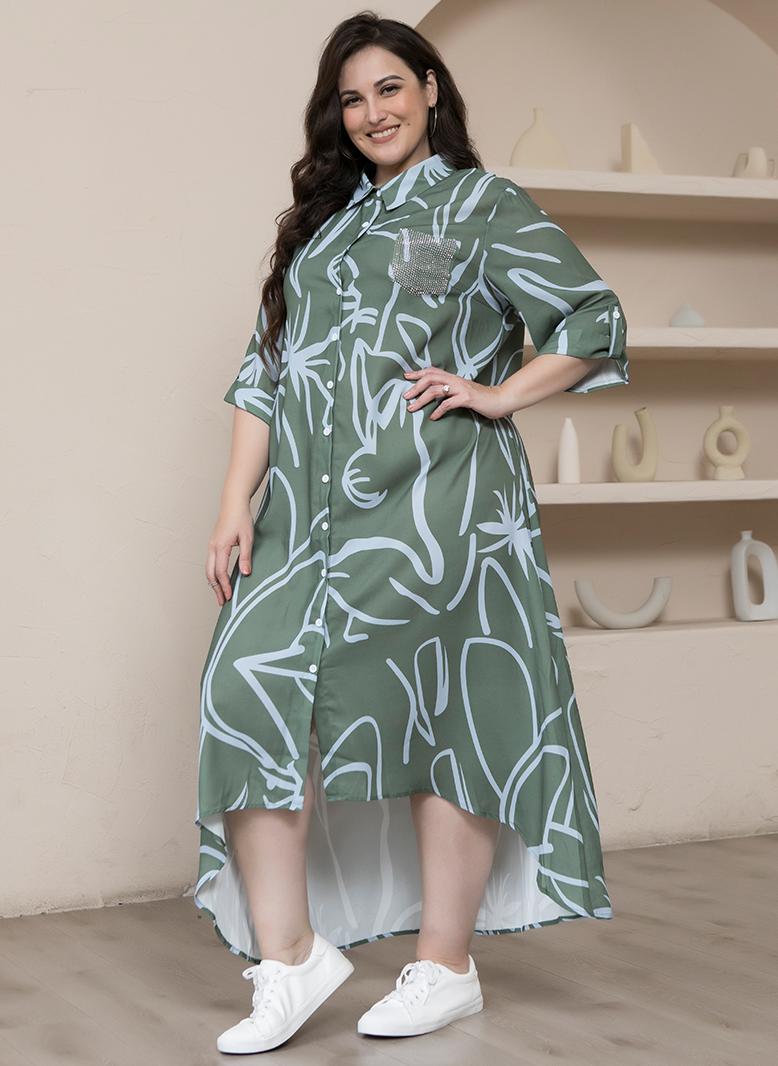 فرايديين لطيف طوق متقلب تباين اللون طباعة ازرار حجحر الراين كم القميص فساتين حجم إضافي اخضر - Image 4