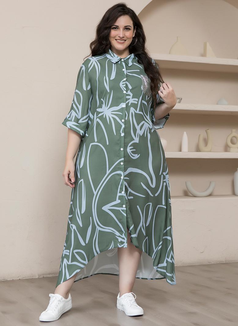 فرايديين لطيف طوق متقلب تباين اللون طباعة ازرار حجحر الراين كم القميص فساتين حجم إضافي اخضر - Image 5