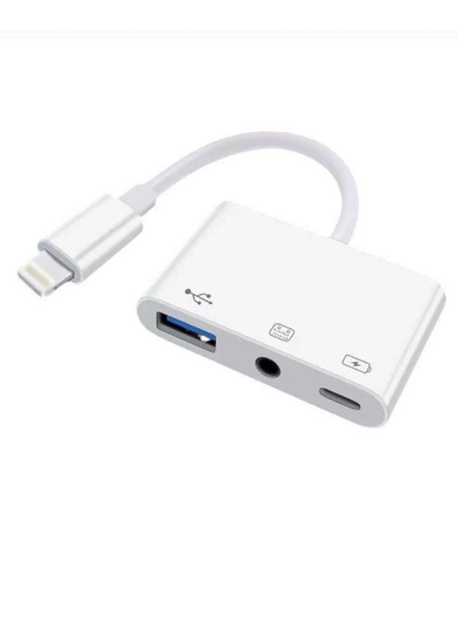 CF Lightning to USB Port 3.5mm Audio Charging 3-in-1 Adapter Extender (No Power Required) Video Audio Sync Connector (White) - Image 1