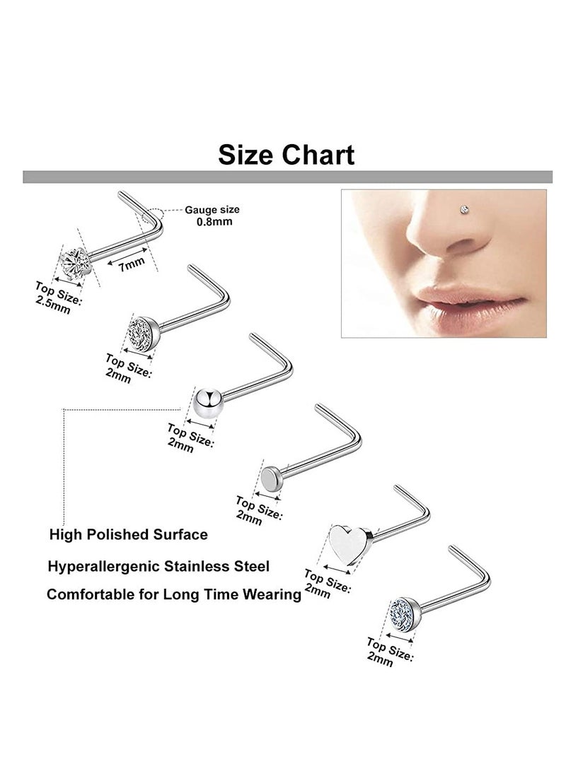 Barakah 36 PCS Nose Rings for Women Studs Hoop 20G Piercings Jewelry Screw Stainless Steel Bone Flat Top Diamond Opal Heart High Nostril Piercing Men(Silver) - Image 4