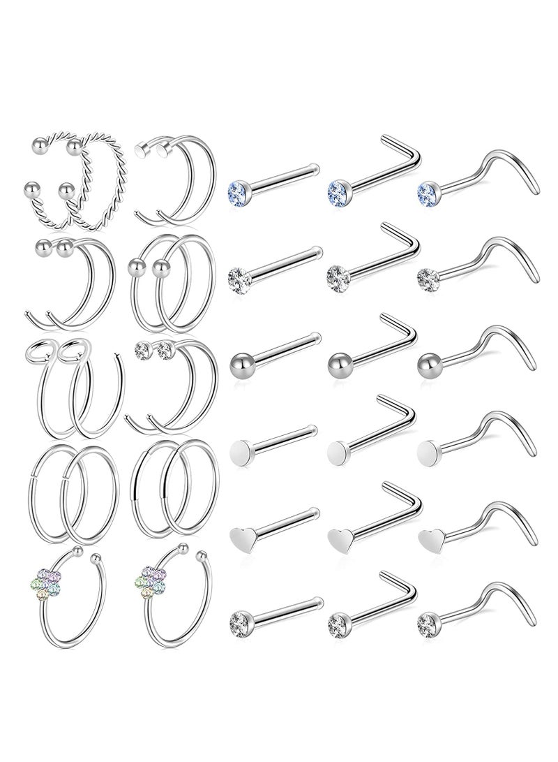 Barakah 36 PCS Nose Rings for Women Studs Hoop 20G Piercings Jewelry Screw Stainless Steel Bone Flat Top Diamond Opal Heart High Nostril Piercing Men(Silver) - Image 1