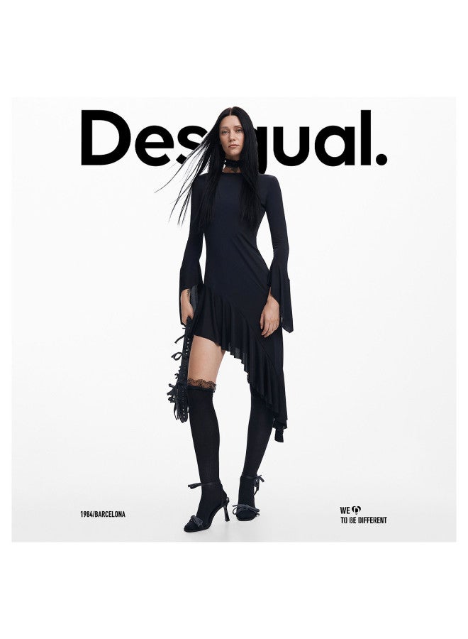 DESIGUAL فستان بأكمام طويلة ضيق مع حافة غير متساوية لفصل الخريف والشتاء - Image 2