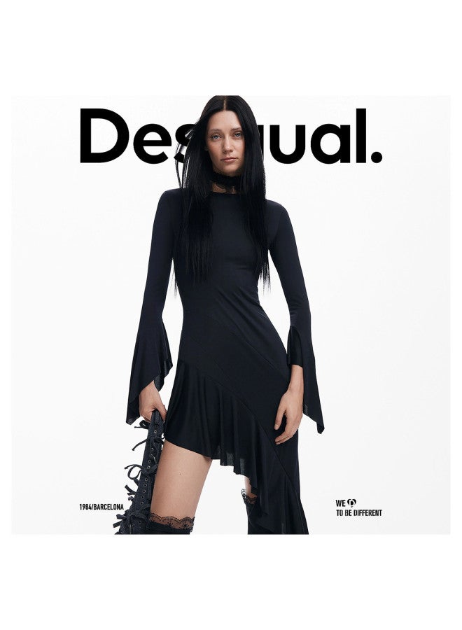 DESIGUAL فستان بأكمام طويلة ضيق مع حافة غير متساوية لفصل الخريف والشتاء - Image 3