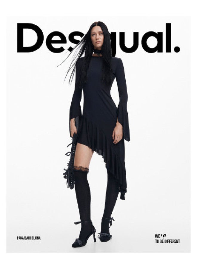 DESIGUAL فستان بأكمام طويلة ضيق مع حافة غير متساوية لفصل الخريف والشتاء - Image 1