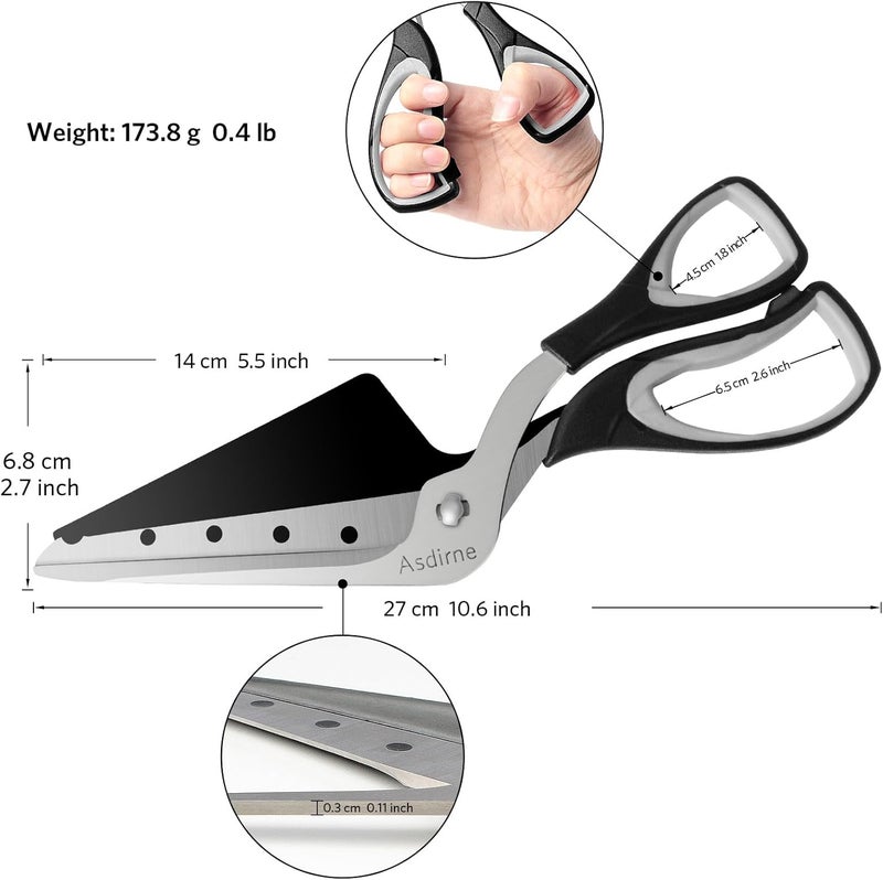 Asdirne Pizza Scissors, Pizza Cutter with Shovel, Food-Grade Sharp Stainless Steel Blade and Soft Grip Handle, Multifunctional Kitchen Scissors, 27cm, Black/Grey - Image 3