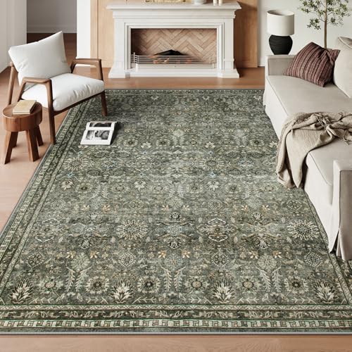 La Home سجاد لاهوم الأخضر 8x10 لغرفة المعيشة، سجاد بوهو قابل للغسل لمنطقة النوم، سجاد غير قابل للانزلاق مدعوم بالمطاط لغرفة الطعام في المنزل والشقة، زيتوني داكن - Image 1
