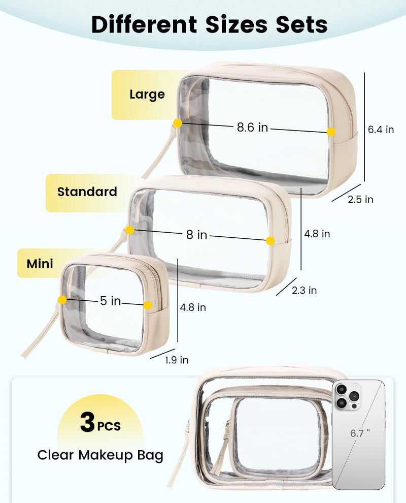 Vorspack Travel Makeup Bag - 3 Pack Travel Toiletry Bag for Women Clear Cosmetic Bag Makeup Organizer Zipper Pouch for Travel Essentials Storage - Beige - Image 2