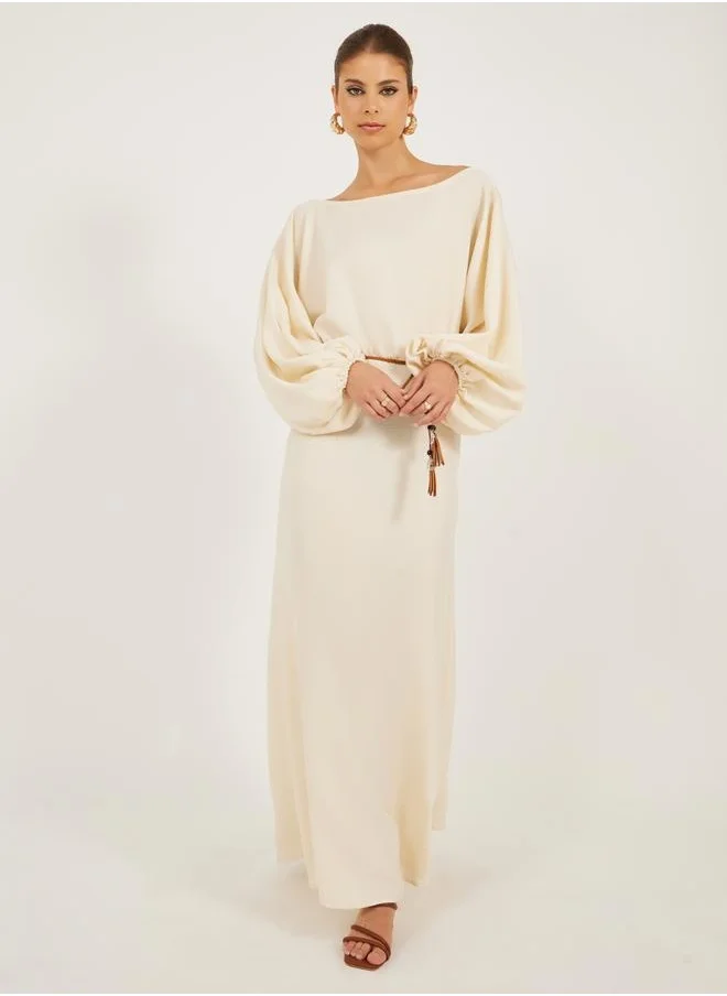 Styli Solid Balloon Sleeves Boat Neck A-Line Maxi Dress