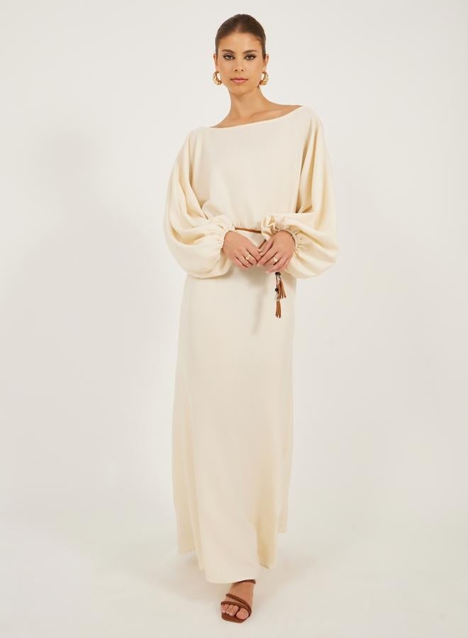 Styli Solid Balloon Sleeves Boat Neck A-Line Maxi Dress  - Image 1