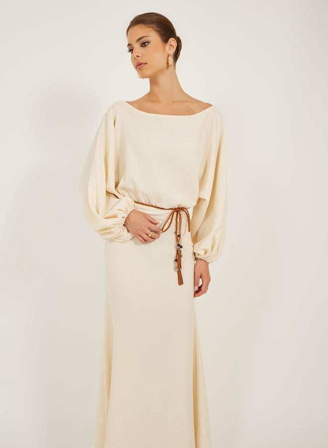 Styli Solid Balloon Sleeves Boat Neck A-Line Maxi Dress  - Image 3