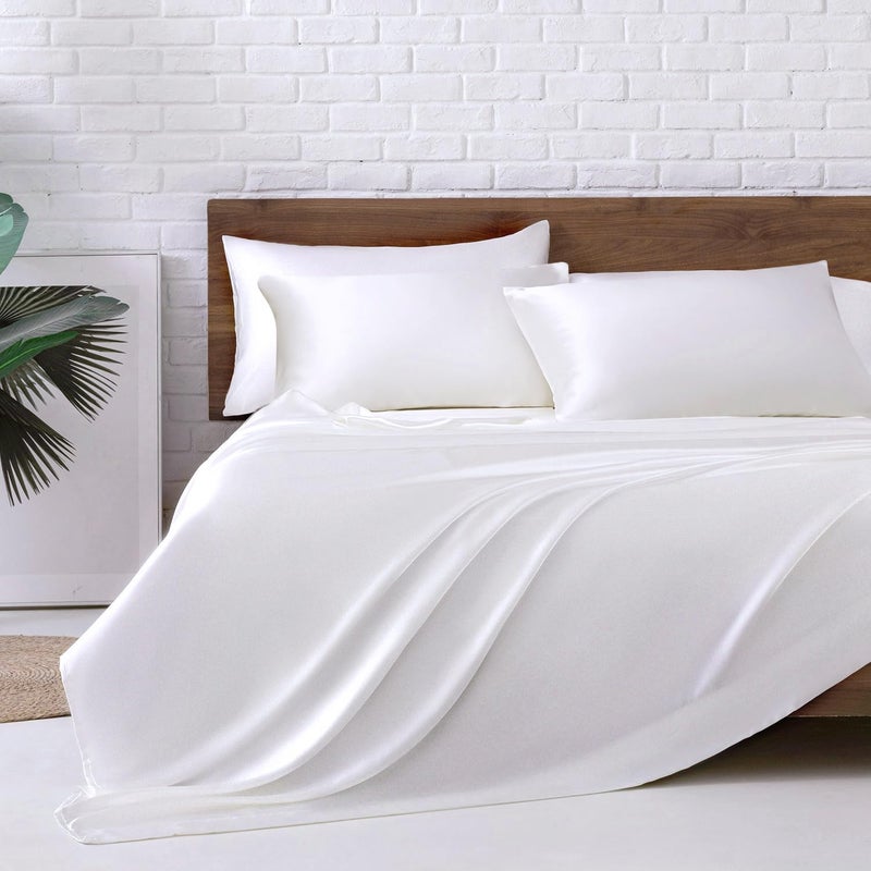 MRHM Satin Bed Sheets King Size Sheets Set 6 Pcs Silky Bedding Set with 15 Inches Deep Pocket for Mattress King White