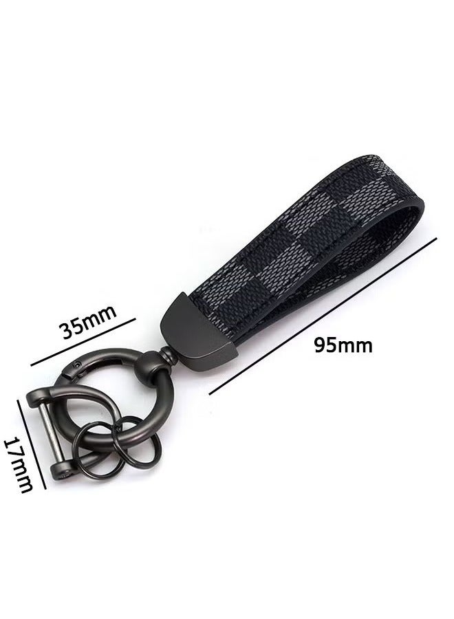 Car PU Leather Metal Keychain - Plaid Leather Zinc Alloy Ring 360° Rotating - Car Universal Wrist Band - Key School Bag Car Decoration Pendant - Black/Send a Screwdriver  - Image 2